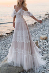 Beach Off The Shoulder V Neck Lace Backless A-Line Wedding Dresses