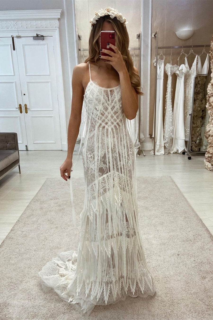 Beach Spaghetti-Straps Lace Sleeveless Floor Length Beach Bridal Dresses