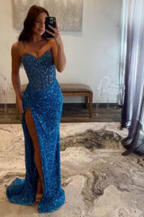 Beaded Blue Prom Dress Sweetheart Long Formal Dress With Slit