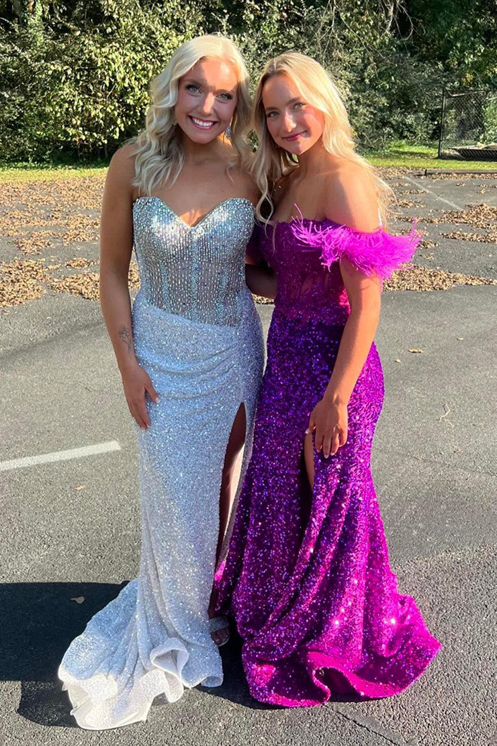 Beaded Blue Prom Dress Sweetheart Long Formal Dress With Slit