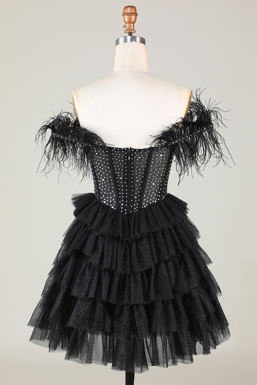 Beaded Corset A-Line Black Homecoming Dresses Short Cocktail Dresses with Feathers