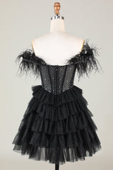Beaded Corset A-Line Black Homecoming Dresses Short Cocktail Dresses with Feathers
