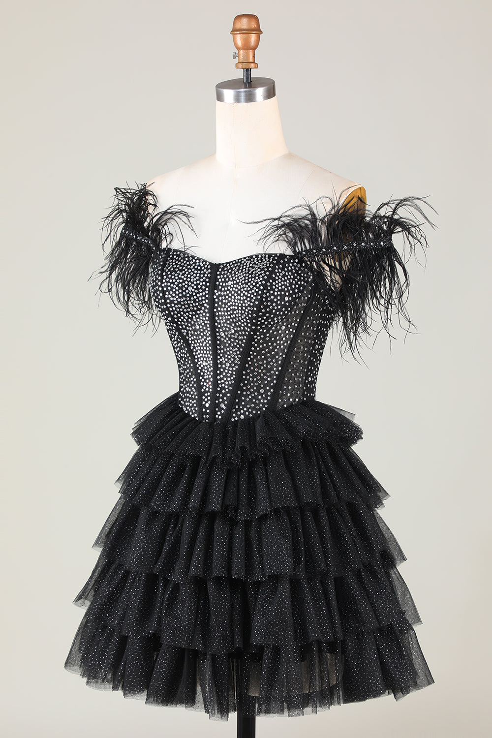Beaded Corset A-Line Black Homecoming Dresses Short Cocktail Dresses with Feathers