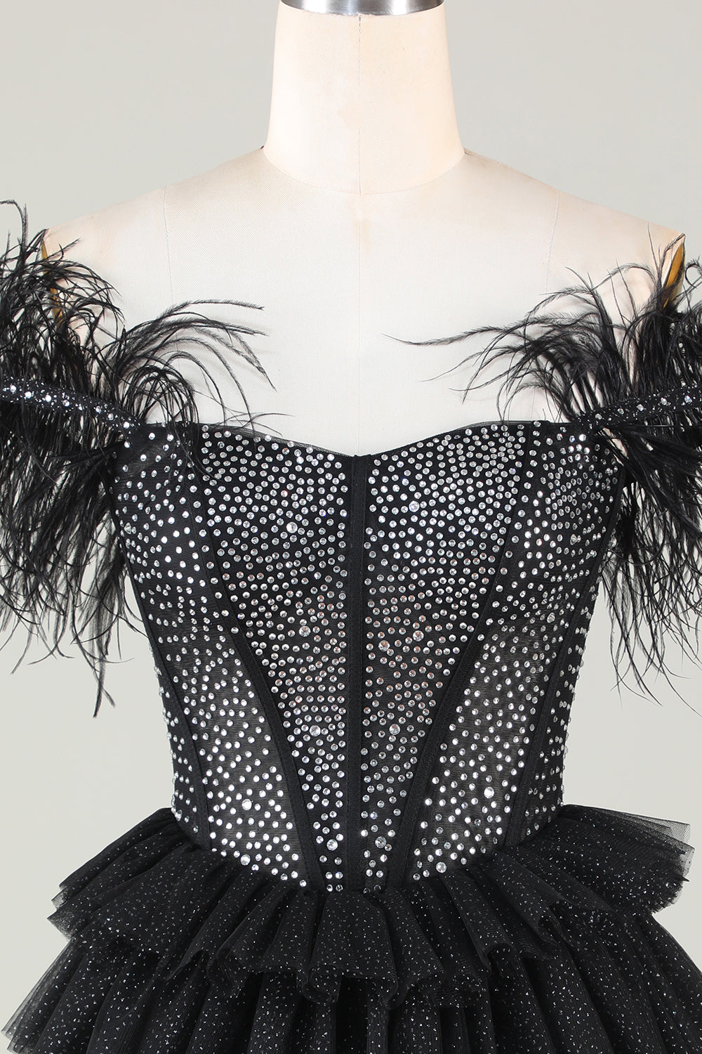 Beaded Corset A-Line Black Homecoming Dresses Short Cocktail Dresses with Feathers