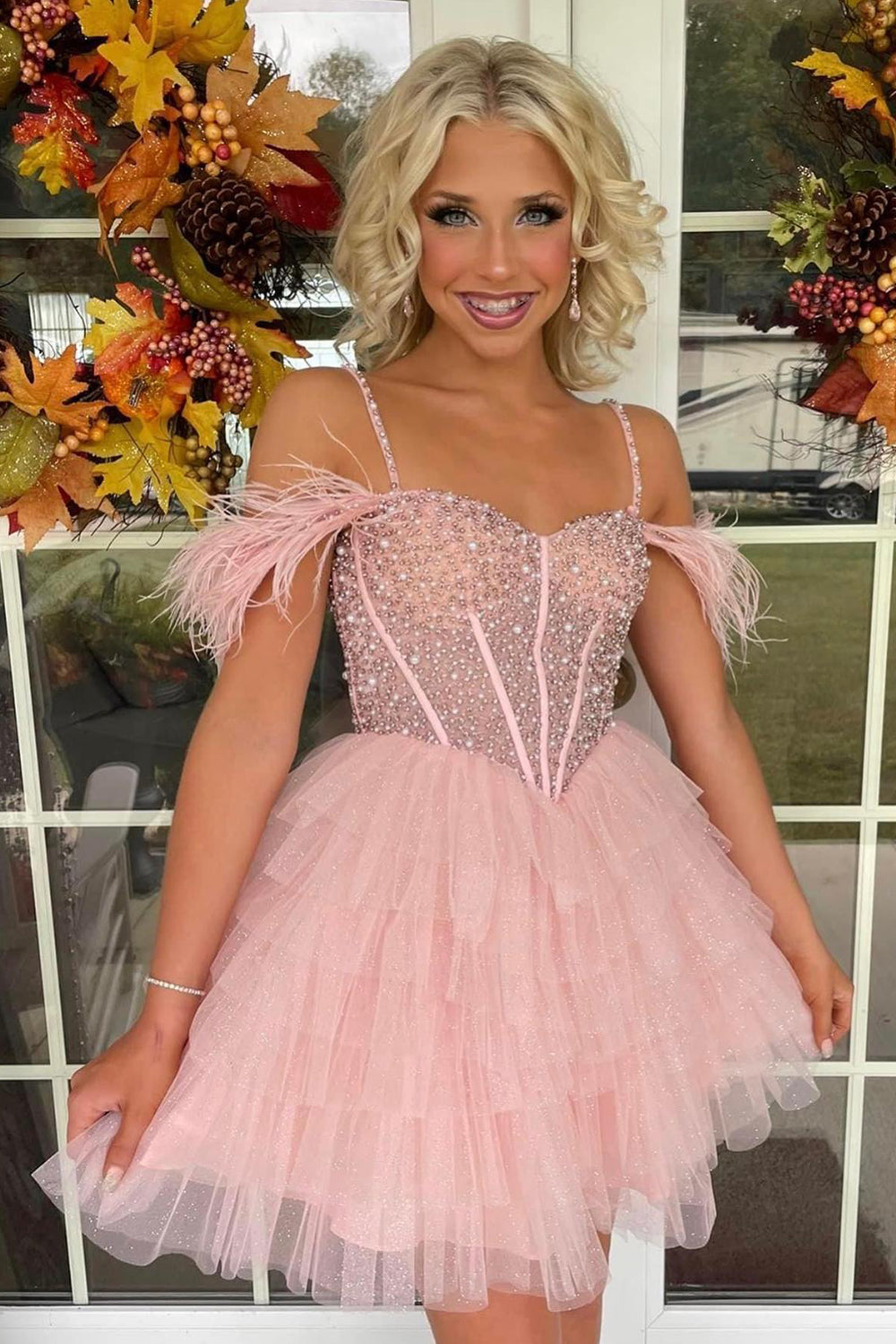 Beaded Corset A-Line Black Homecoming Dresses Short Cocktail Dresses with Feathers
