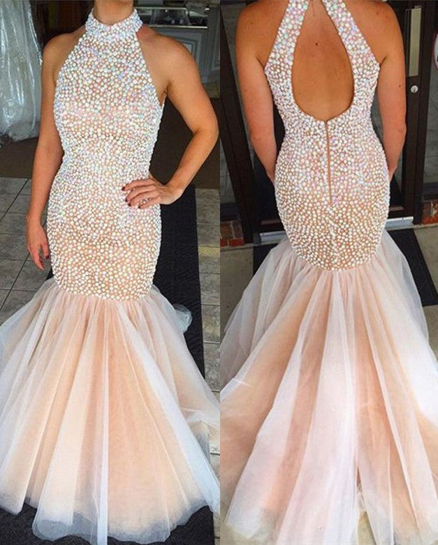 Beaded Crystals High Neck Mermaid Prom Dress Open Back Sleeveless Evening Gowns BA2615