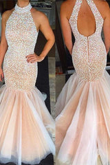 Beaded Crystals High Neck Mermaid Prom Dress Open Back Sleeveless Evening Gowns BA2615