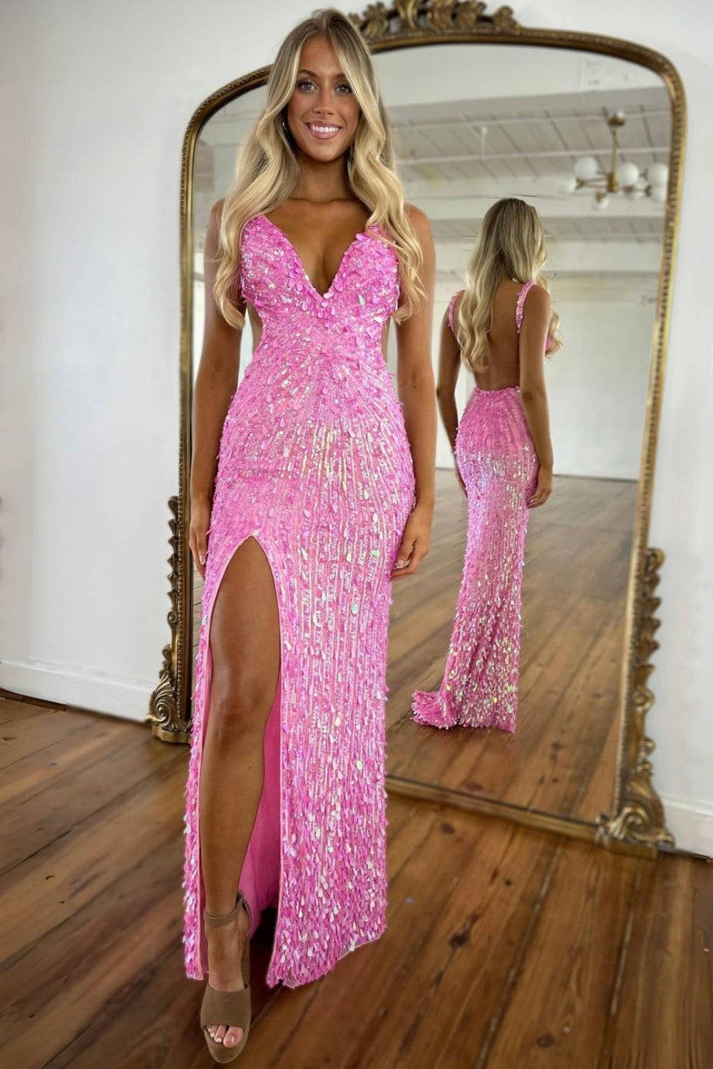 Suzhoufashion Beaded Prom Dress With Deep V Neck Slit And Open Back Formal Evening Gown