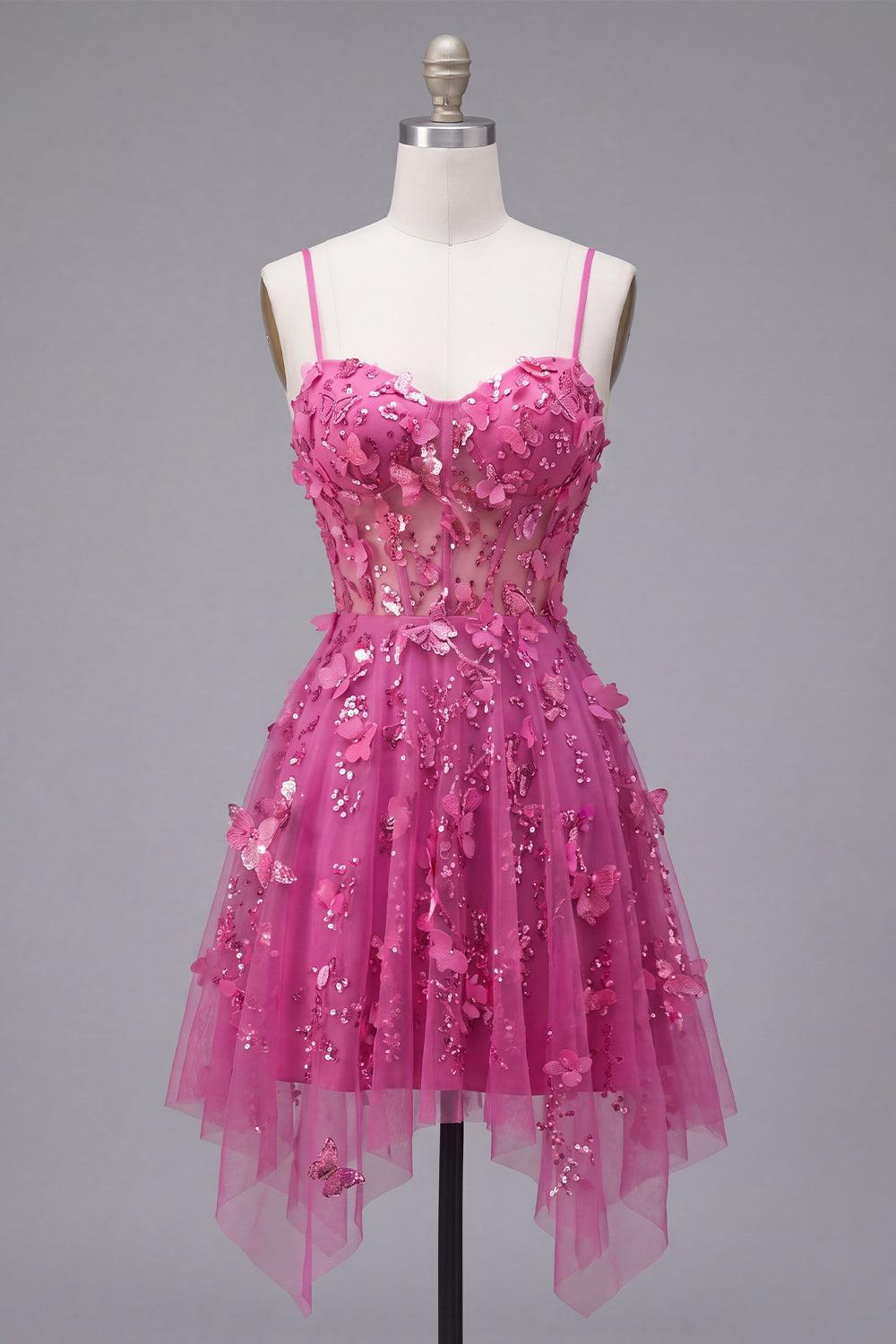 Beaded Short Sparkly Fuchsia A Line Corset Floral Homecoming Dress