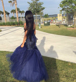 Beading Popular Sequins Tulle Navy Strapless Sleeveless Shiny Blue Prom Dress