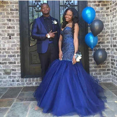 Beading Popular Sequins Tulle Navy Strapless Sleeveless Shiny Blue Prom Dress