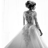 Beads Crystals Long Sleeve Wedding Dresses | Luxury Overskirt Cathedral Train