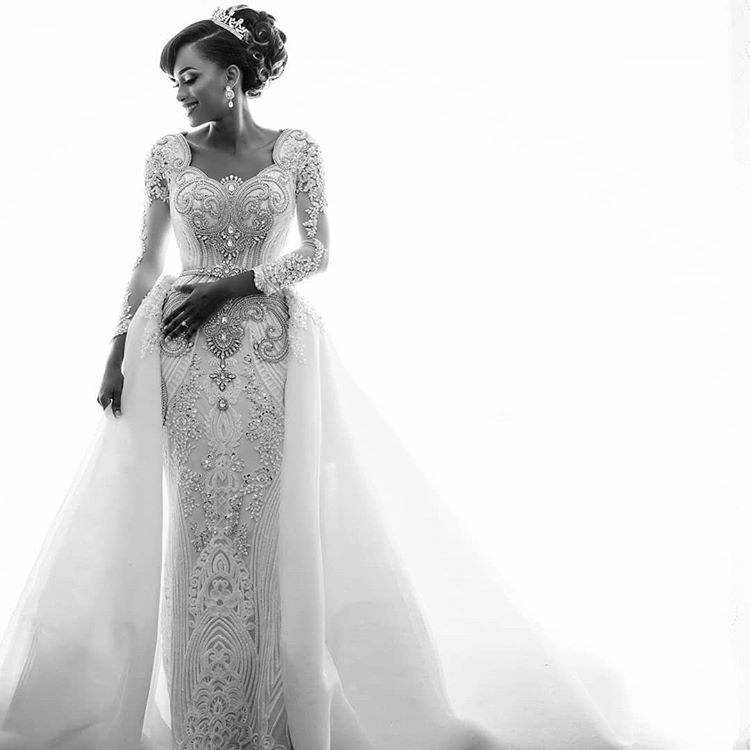 Beads Crystals Long Sleeve Wedding Dresses | Luxury Overskirt Cathedral Train Beads Crystals Long Sleeve Wedding Dresses | Luxury Overskirt Cathedral Train