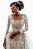 Beads Crystals Long Sleeve Wedding Dresses | Luxury Overskirt Cathedral Train