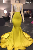 Beads Crystals Sheer Tulle Prom Dresses Mermaid Sleeveless Sexy Yellow Formal Evening Gowns
