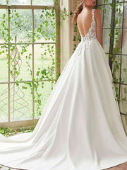 Beautiful A-Line Lace Wedding Dress Satin Straps V-Neck Bridal Gowns On Sale
