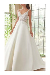 Beautiful A-Line Lace Wedding Dress Satin Straps V-Neck Bridal Gowns On Sale