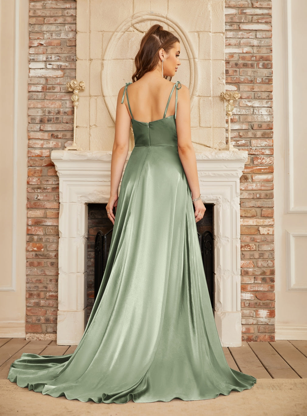 Beautiful A-Line Sleeveless Spaghetti Straps Satin Prom Dresses with Split