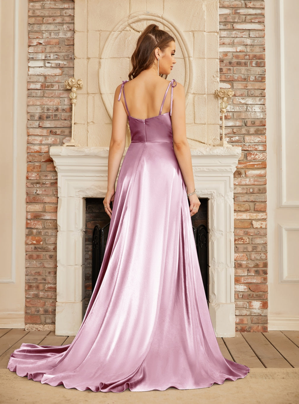 Beautiful A-Line Sleeveless Spaghetti Straps Satin Prom Dresses with Split
