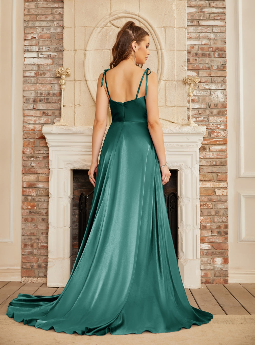 Beautiful A-Line Sleeveless Spaghetti Straps Satin Prom Dresses with Split