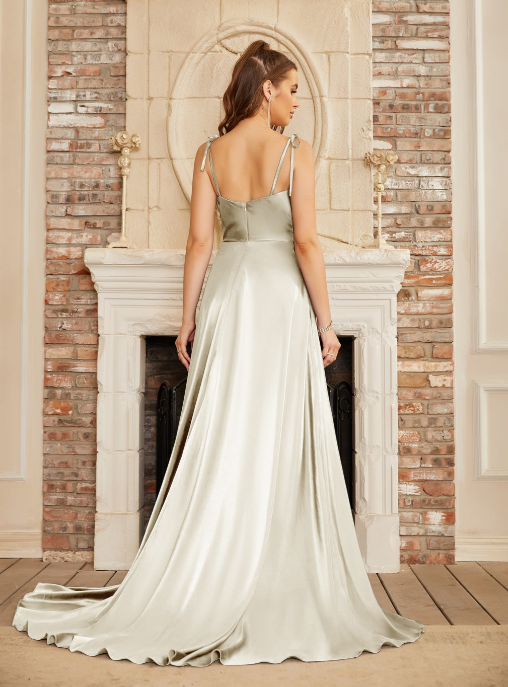 Beautiful A-Line Sleeveless Spaghetti Straps Satin Prom Dresses with Split