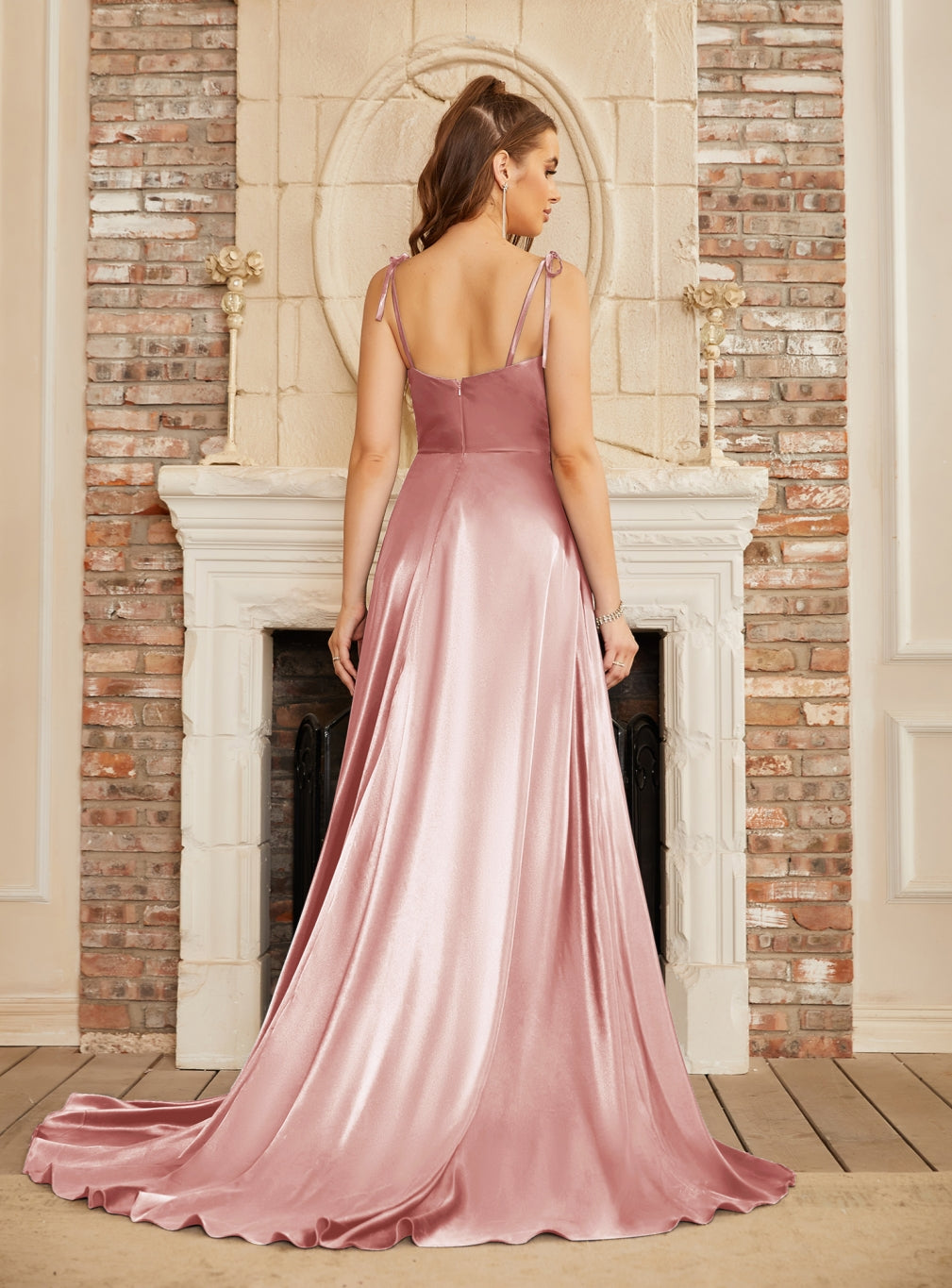 Beautiful A-Line Sleeveless Spaghetti Straps Satin Prom Dresses with Split