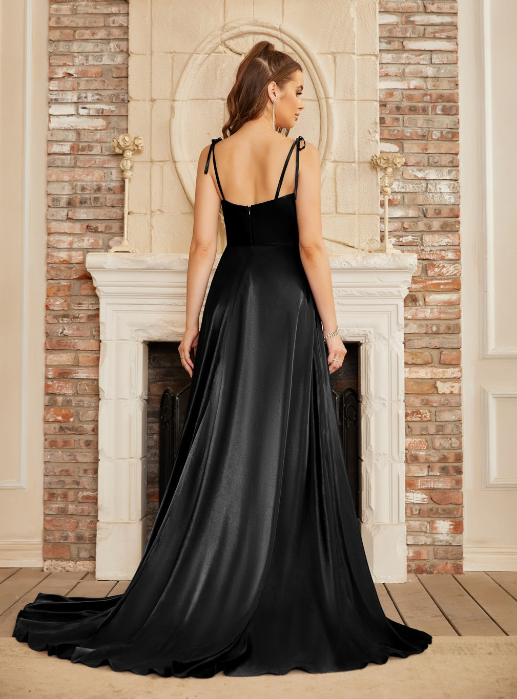 Beautiful A-Line Sleeveless Spaghetti Straps Satin Prom Dresses with Split
