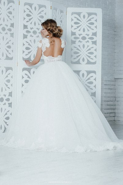 Beautiful A-Line Tulle Lace Ball Gown Wedding Dress Short Sleeve Popular Plus Size Bridal Gown