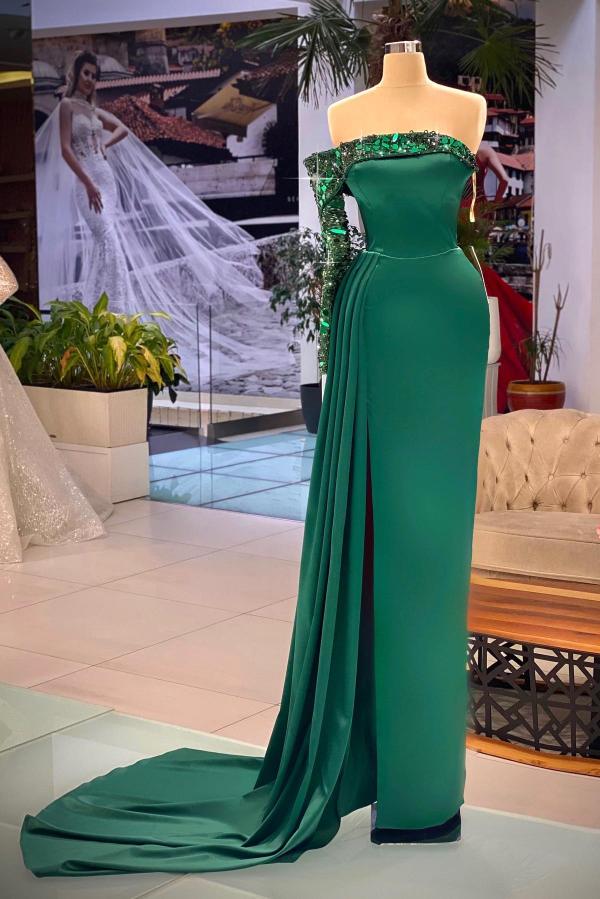 Beautiful A-line Off-the-shoulder Long Sleeve Prom Dresses With Glitter