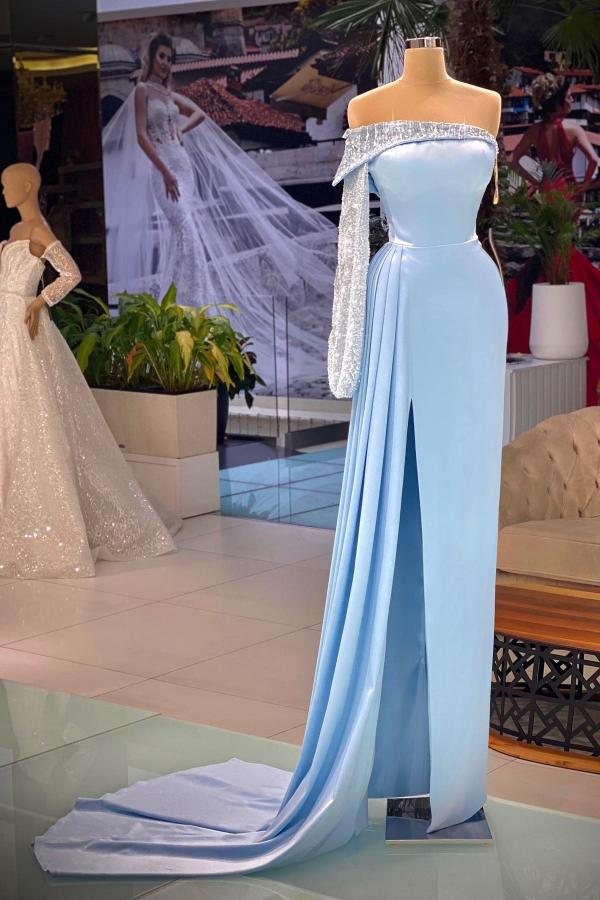 Beautiful A-line Off-the-shoulder Long Sleeve Prom Dresses With Glitter