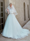 Beautiful Ball Gown Wedding Dress Bateau Lace Tulle Long Sleeves Bridal Gowns with Chapel Train