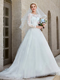 Hermoso vestido de novia vestido de novia Bateau encaje tul mangas largas vestidos de novia con tren capilla