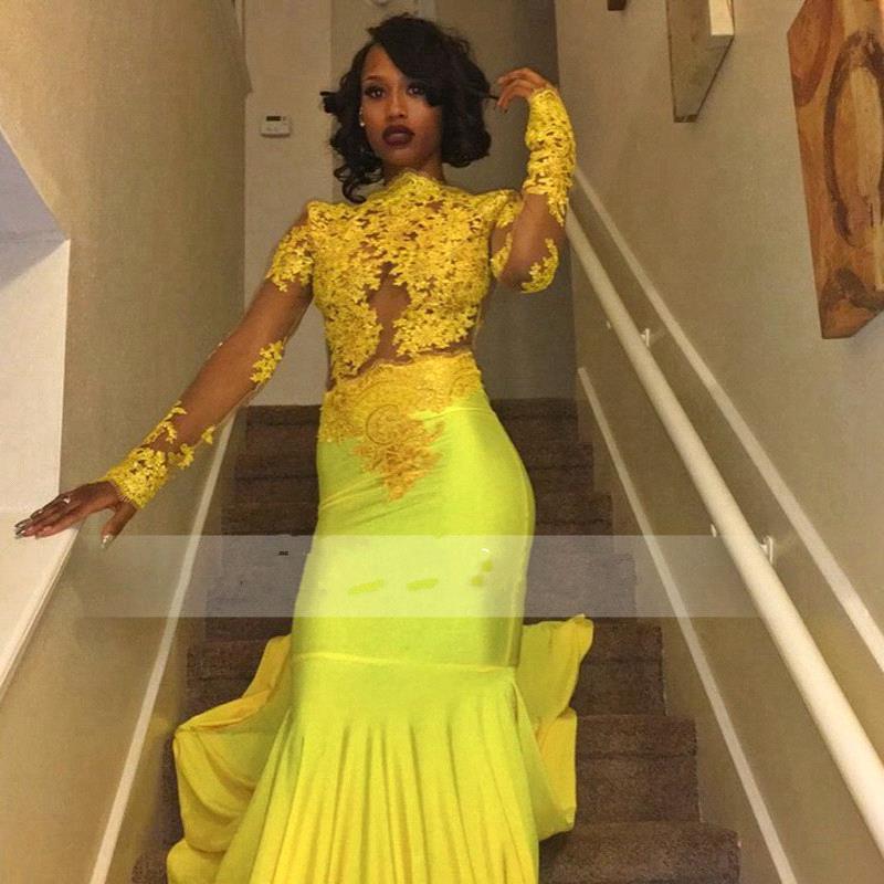 Beautiful High Neck Evening Dress Yellow Long-Sleeve Lace Appliques Mermaid Prom Dress