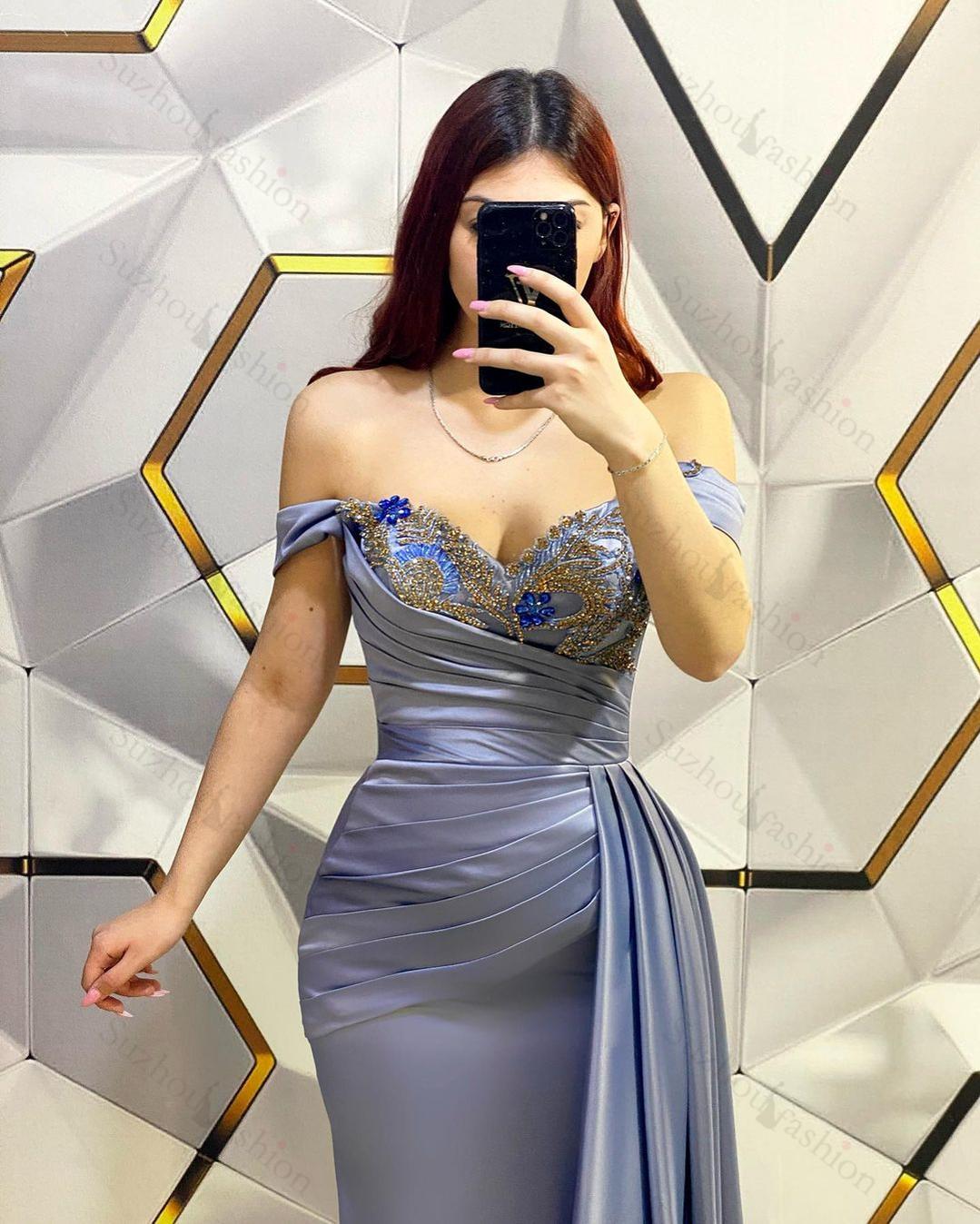 Beautiful Long Mermaid Off-the-shoulder Sequined Evening Prom Dresses With Ruffles