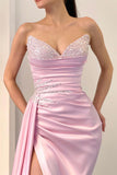 Beautiful Long Pink Sleeveless Front Split Satin Evening Prom Dresses With Beading
