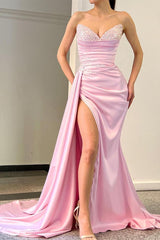 Beautiful Long Pink Sleeveless Front Split Satin Evening Prom Dresses With Beading