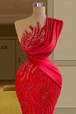 Beautiful Long Red Mermaid One Shoulder Lace Sequined Sleeveless Prom Dress