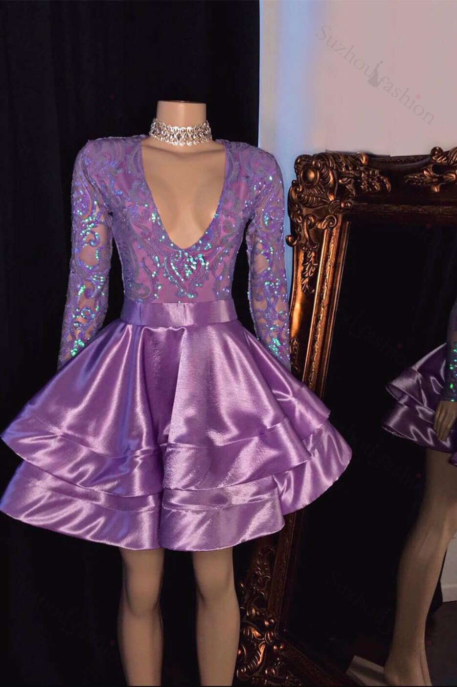 Beautiful Long Sleeves Homecoming Dress Purple V Neck Mini Prom Dress