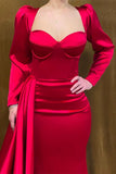 Beautiful Long Strapless Red Satin Mermaid Evening Prom Dresses With Long Sleeves