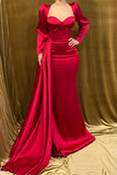 Beautiful Long Strapless Red Satin Mermaid Evening Prom Dresses With Long Sleeves