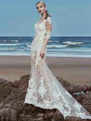 Beautiful Mermaid Beach Wedding Dress Scoop Lace Tulle Half Sleeve Bridal Gowns with Sweep Train