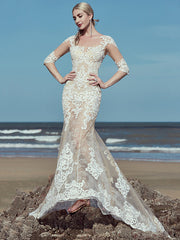 Beautiful Mermaid Wedding Dress Scoop Lace Tulle Half Sleeve Bridal Gowns with Sweep Train