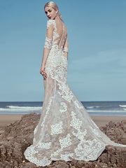 Beautiful Mermaid Wedding Dress Scoop Lace Tulle Half Sleeve Bridal Gowns with Sweep Train
