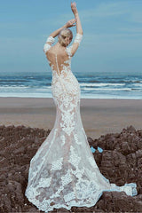 Beautiful Mermaid Wedding Dress Scoop Lace Tulle Half Sleeve Bridal Gowns with Sweep Train