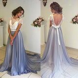 Beautiful Short Sleevea Lace Prom Dresses A-line Sweep Train Evening Gown BA4435