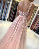 Beautiful Spaghetti Straps Tulle Lace Blushing Pink Appliques Prom Dresses