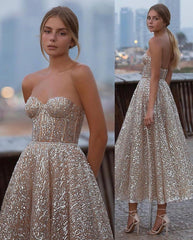 Beautiful Strapless Sweetheart Sequins A-Line Prom Dresses Tea-Length