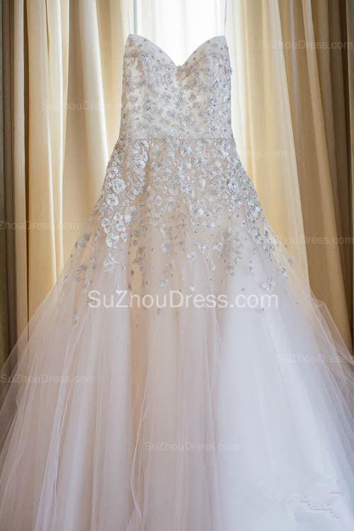 Beautiful Sweetheart Lace Beading Wedding Dress Popular Crystal Tulle Floor Length Bridal Gown