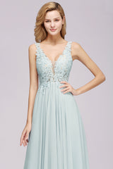 Beautiful V-Neck Sleeveless Floor-Length Chiffon A-Line Prom Dresses with Open Back