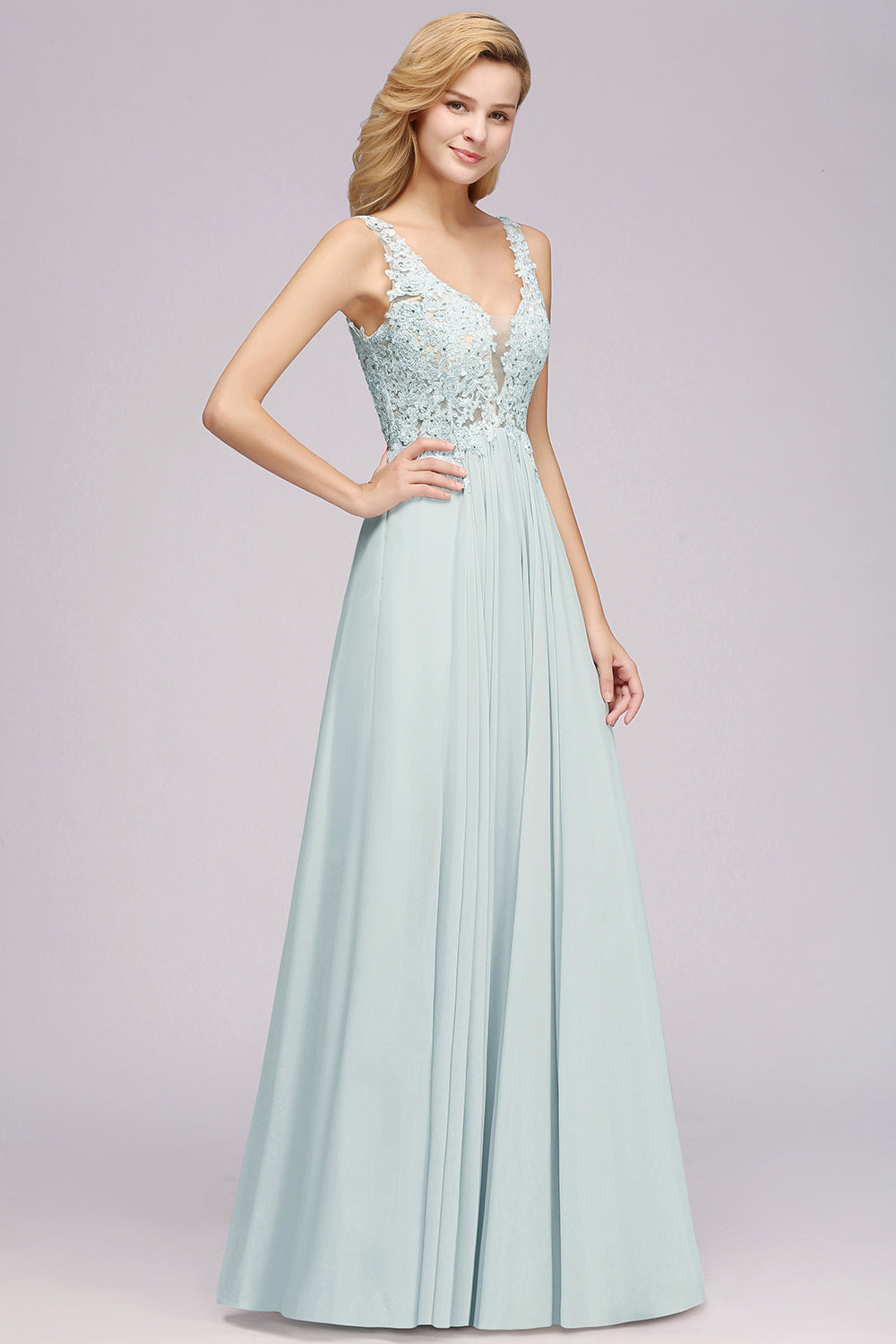 Beautiful V-Neck Sleeveless Floor-Length Chiffon A-Line Prom Dresses with Open Back